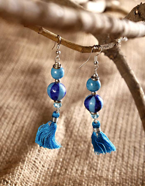 Blue Pottery 2 Bead With Tassels Earring (Turquoise)